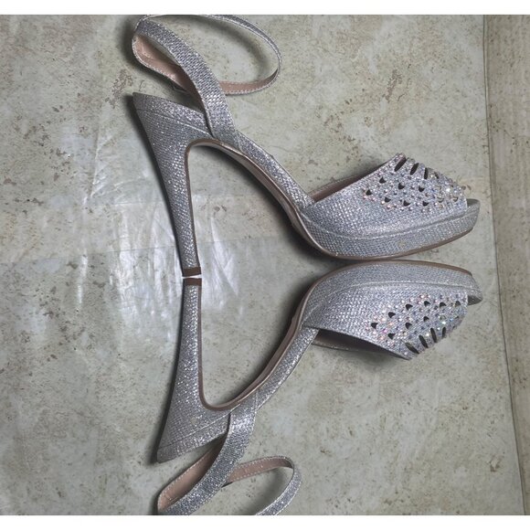 Silver Rhinestone Embellished High Showgirl Heel Sandals Ankle Strap Peep Toe - Picture 9 of 10
